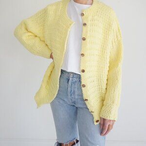 Handknit Yellow Knit Textured Button Front Cottage Garden Cottagecore Cardigan M